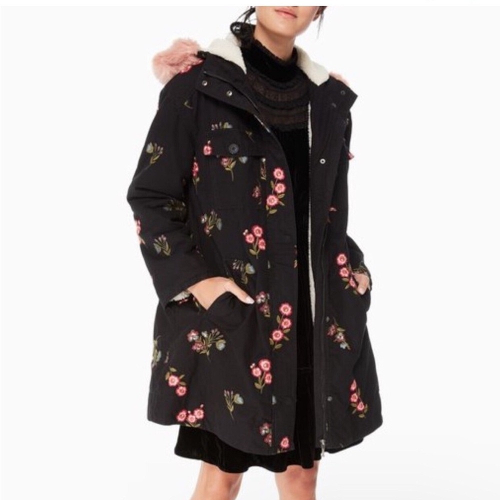 Kate Spade Floral Embroidered Shearling Cotton Hooded Winter Coat XL